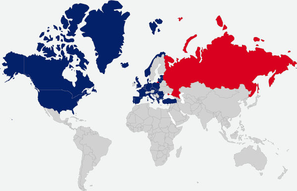 O mapa mostra os países da Otan (em azul) e do Pacto de Varsóvia (em vermelho), a polarização política da Guerra Fria.
