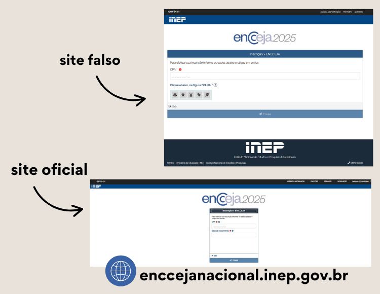 Infográfico sobre site falso golpe no Encceja 2025
