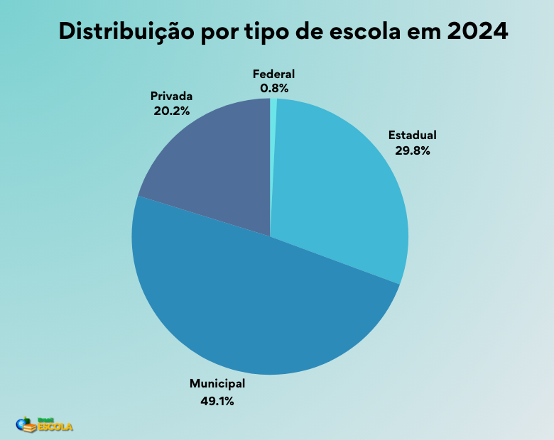 Gráfico em pizza com a distribuição dos estudantes entre os tipos de escolas no Brasil