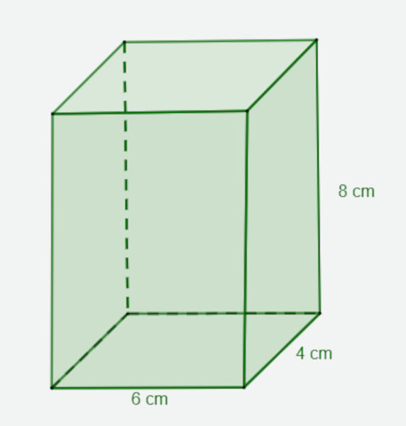 Ilustração de um prisma quadrangular, com medidas da base e da altura, usadas para medir o volume do prisma.