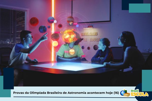 Alunos estudam astronomia. Texto na imagem: Provas da Olimpíada Brasileira de Astronomia acontecem hoje (16)