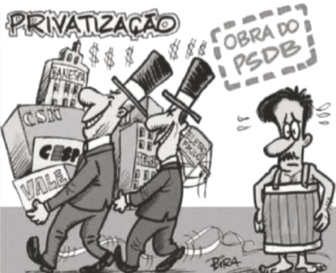 Dois homens carregando nomes de empresas privatizadas no Governo FHC, em uma charge. 