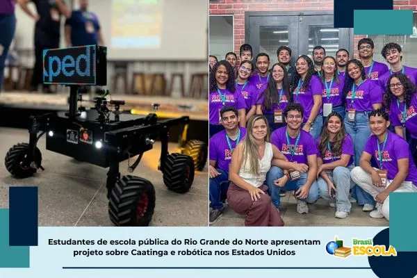 robô ao lado de alunos e professores que o desenvolveu