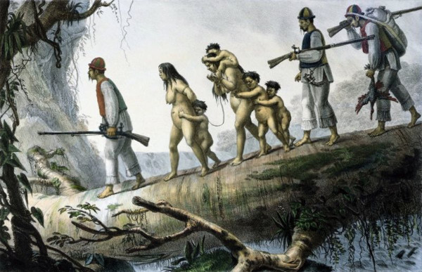 Indígenas sendo capturados por europeus em pintura de Jean-Baptiste Debret.