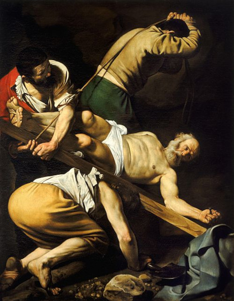 Pintura retratando a morte de São Pedro, que foi crucificado de cabeça para baixo.