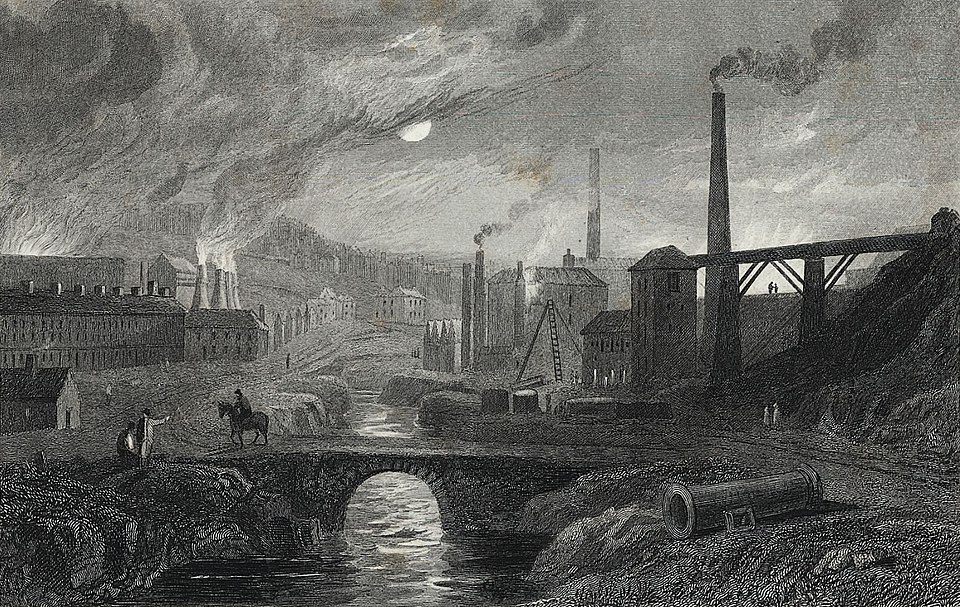 Esgoto e fábricas em uma paisagem industrial do século XVIII, época em que surgiu a sociologia.
