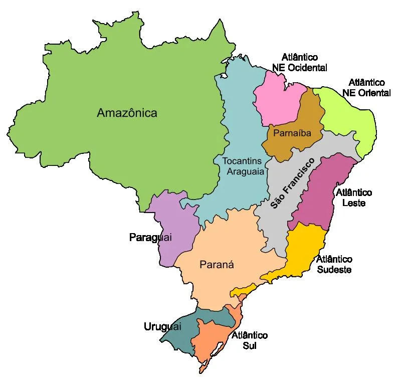 Mapa do Brasil dividido por bacias hidrograficas