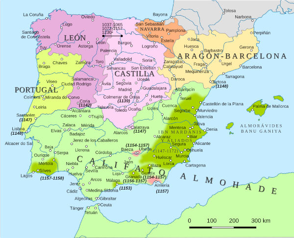 Mapa da divisão dos reinos da Península Ibérica em texto sobre a história da língua portuguesa.