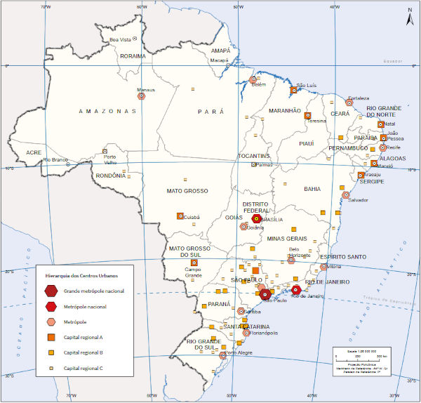 Mapa da hierarquia urbana do Brasil.