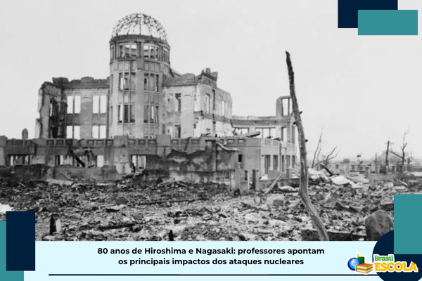 Foto de Hiroshima destruída pela bomba. Testo: título da matéria.