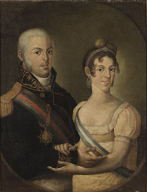 D. João VI e Carlota Joaquina retratados em pintura. O casamento visava selar a paz entre Portugal e Espanha.