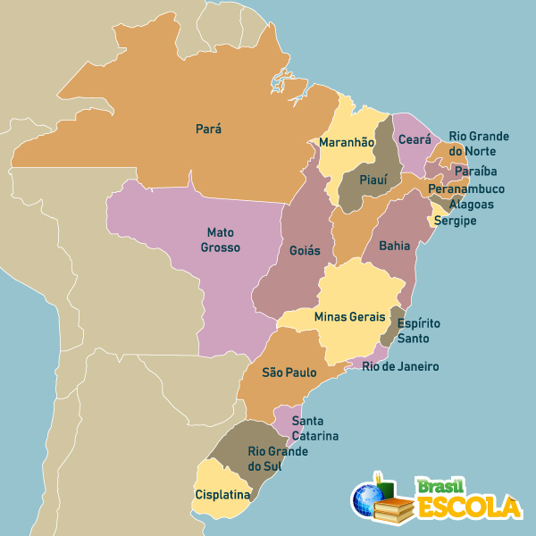 Mapa mostrando a divisão regional do Brasil em 1822.