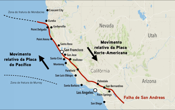 Mapa mostrando a localização da Falha de San Andreas.
