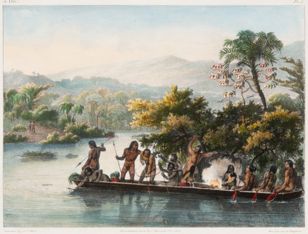 Pintura retratando indígenas brasileiros em uma canoa, em texto sobre primeiros povos da América.