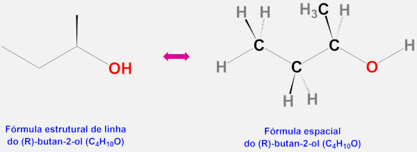 Fórmulas estruturais de linha e espacial do (R)-butan-2-ol.