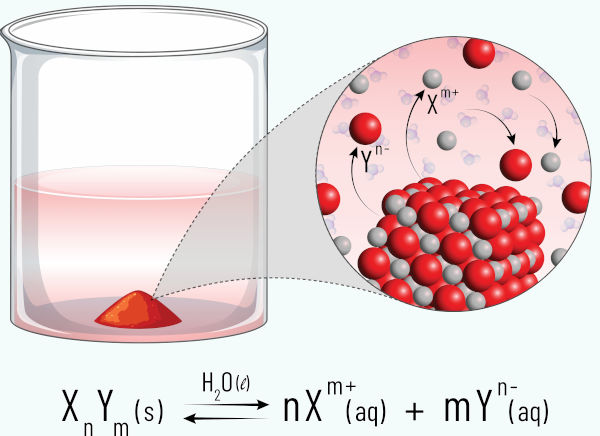 Demonstração do equilíbrio estabelecido entre o soluto não dissolvido e sua pequena parte dissolvida em uma solução saturada.