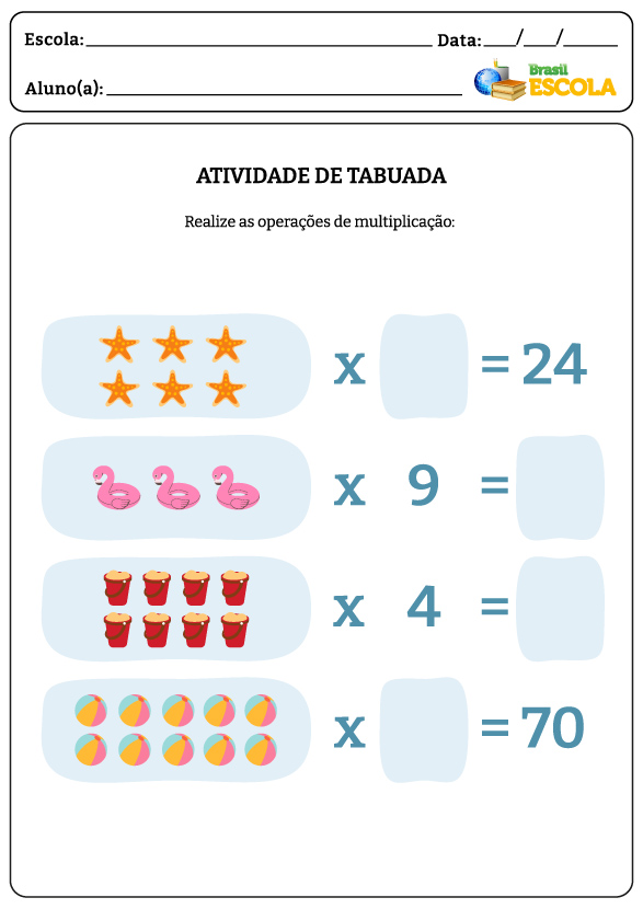 colunas com quantidades diferentes de objetos, multiplicações e lacunas em atividade de tabuada.