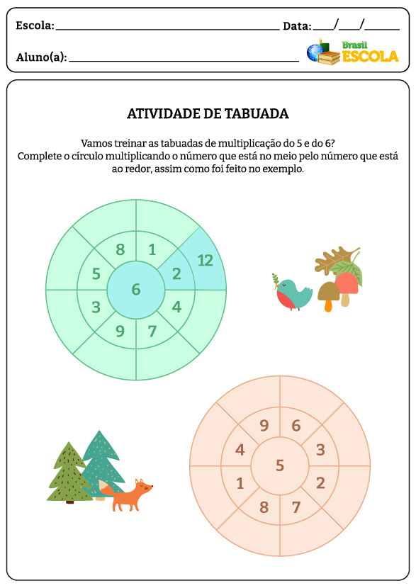 Pinheiros, raposa, pássaros e dois círculos com números em atividade de tabuada.
