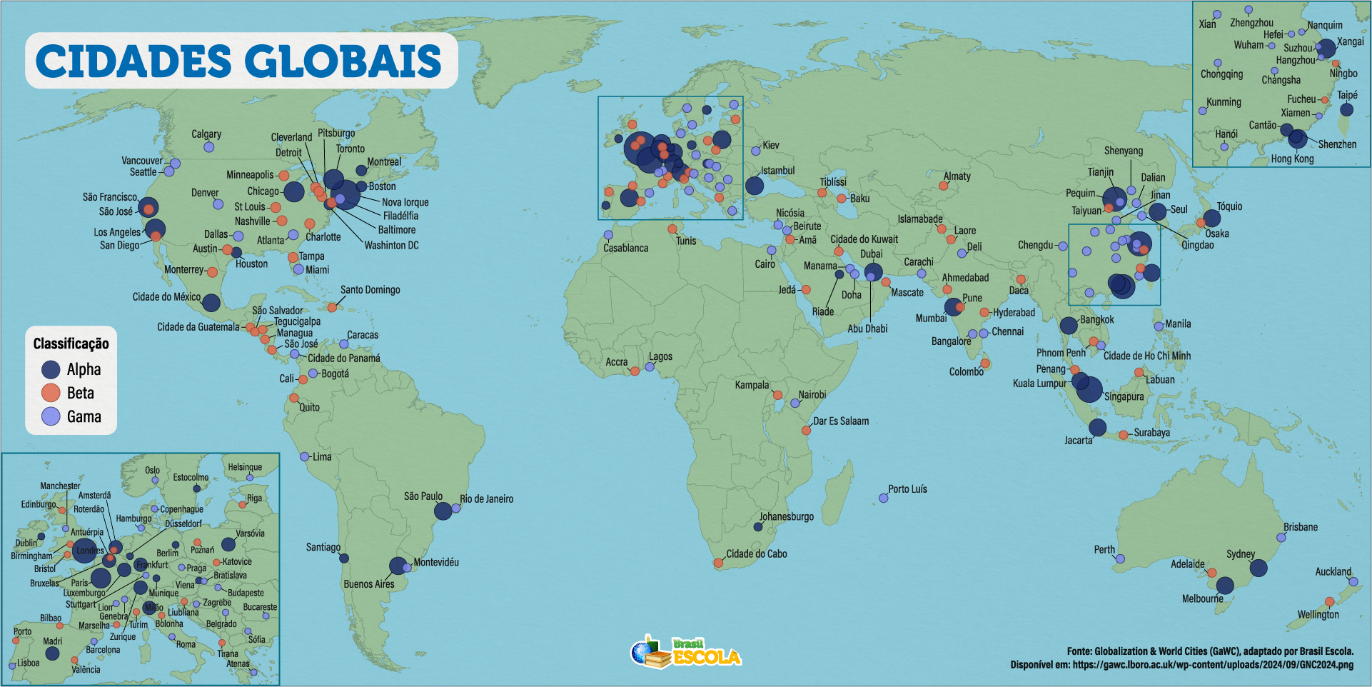 Mapa de cidades globais alfa, beta e gama no mundo.