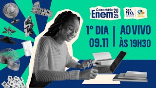 Texto "1º dia | Comentários Enem 2025" escrito sobre fundo verde ao lado de jovem estudando no computador.