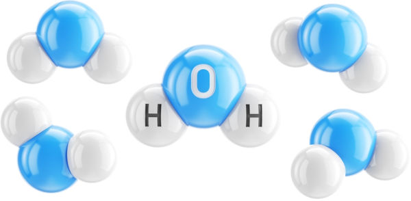 Composição da água: molécula formada por átomos de hidrogênio e de oxigênio (H2O).