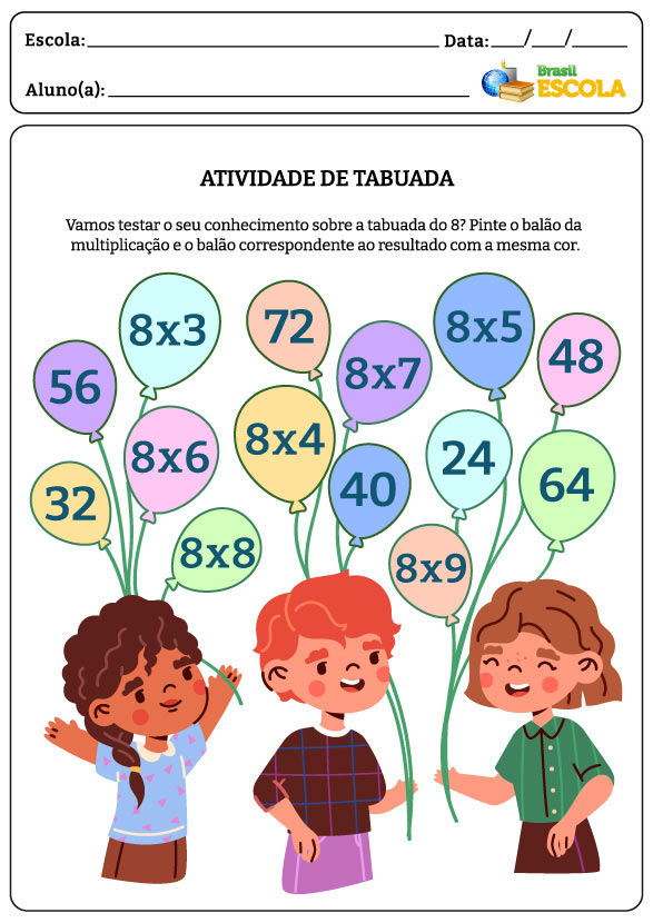Ilustração de três crianças segurando balões coloridos com multiplicações dentro, em atividade de tabuada.
