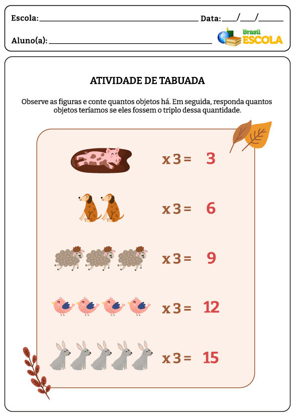 Coelhos, passarinhos, ovelhas, cachorros e porco em atividade de tabuada com respostas.