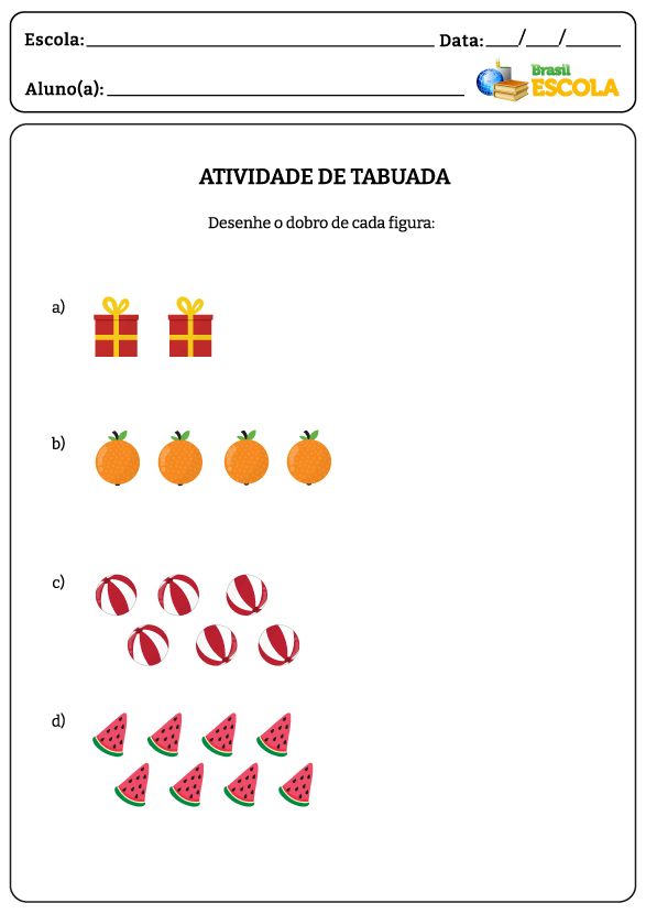 Quatro quantidades diferentes de frutas em atividade de tabuada com respostas.