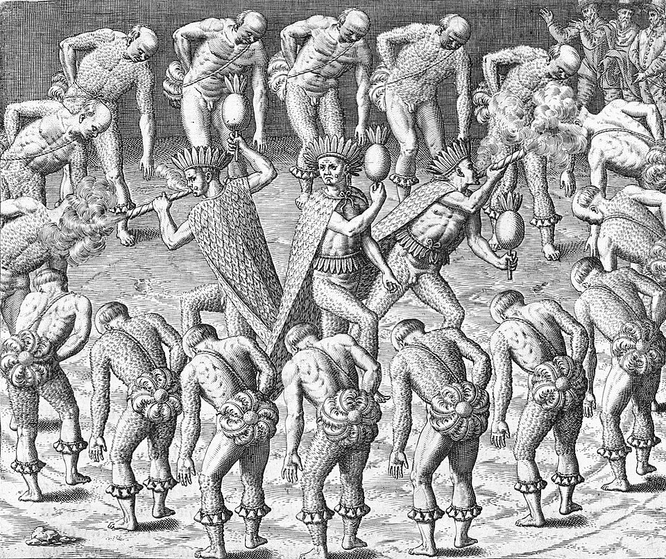 Gravura que retrata um ritual realizado pelos tupinamb&aacute;s. [imagem_principal]