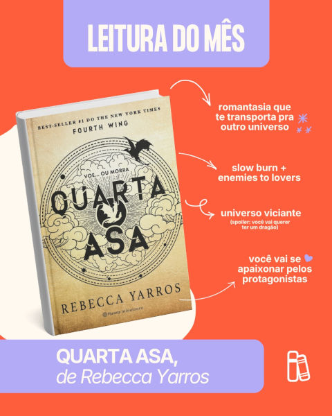 Banner mostra a capa do livro “Quarta Asa”, que será o primeiro livro do Clube do Livro do Brasil Escola.
