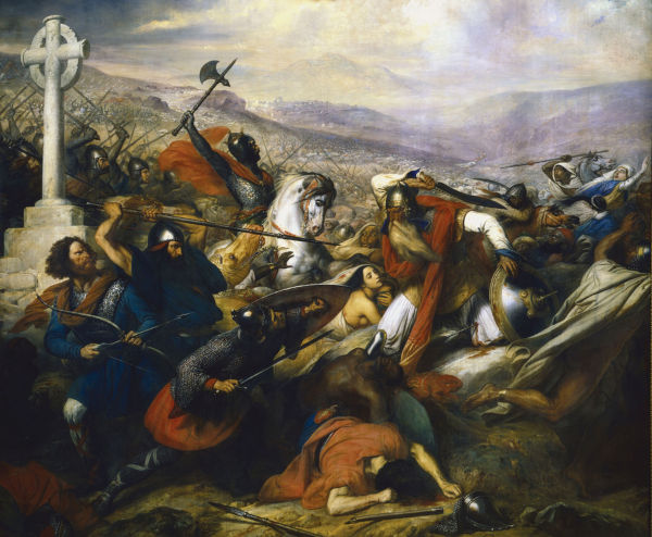 Pintura representando Carlos Martel conduzindo os francos contra os muçulmanos na Batalha de Poitiers.