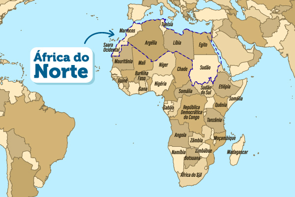 Mapa com indicação dos países que compõem a África do Norte.