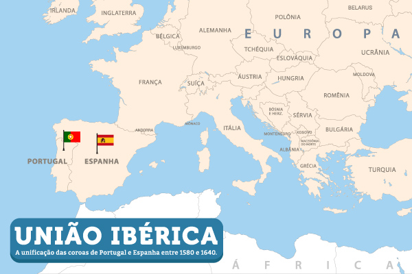 Mapa mostra Portugal e Espanha. Texto: União Ibérica: a unificação das coroas de Portugal e Espanha entre 1580 e 1640. [imagem_principal]