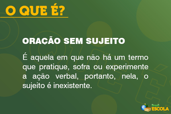 Conceito de oração sem sujeito sobre fundo verde.