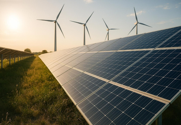 Energia eólica e energia solar, fontes limpas de geração de energia evidenciando a transição energética. 