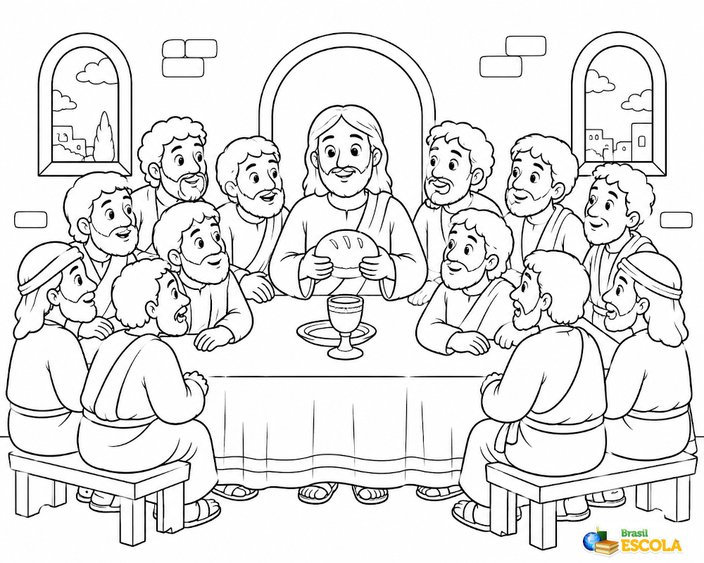 Ilustração da Santa Ceia para a criança imprimir e pintar