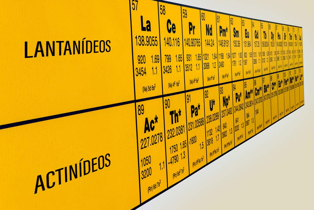 Lantanídeos e actinídeos na parte inferior da tabela periódica. Série de actinídeos na tabela periódica, destacada com a cor verde.