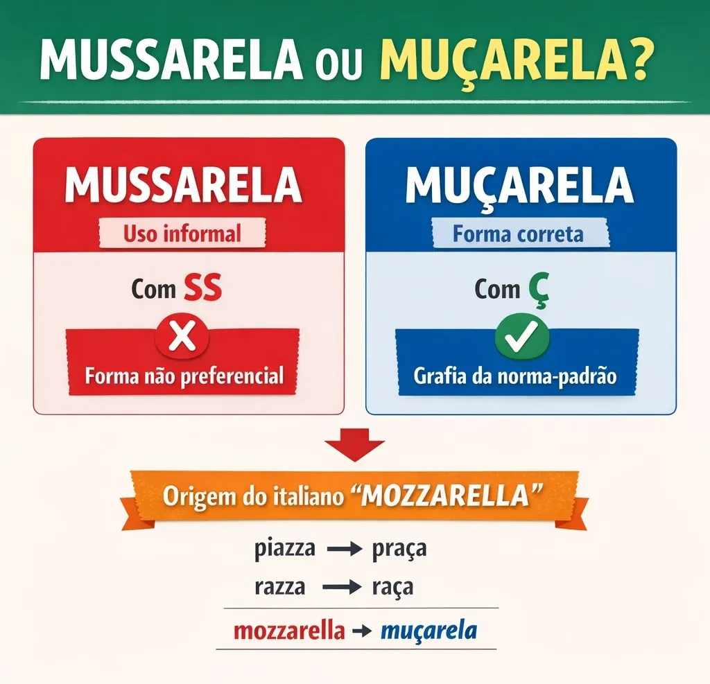 Quadro ilustrativo mostrando a diferença entre as grafias mussarela e muçarela