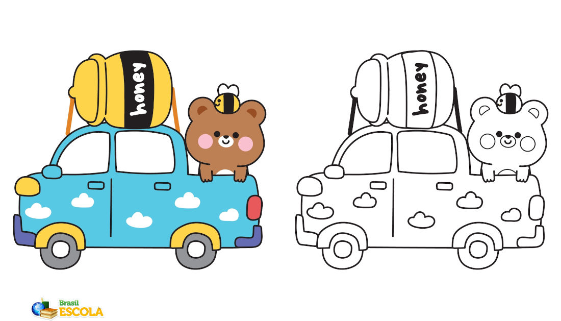 Desenho de um urso com pote de mel para pintar