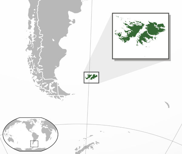 Mapa mostra a localização das Ilhas Malvinas na América do Sul. 