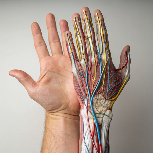 Mão humana com tendões e ossos expostos em texto sobre membros do corpo humano.