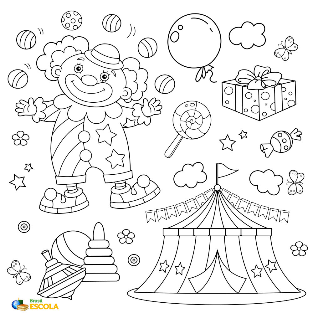 Desenho de palhaço e circo para pintar