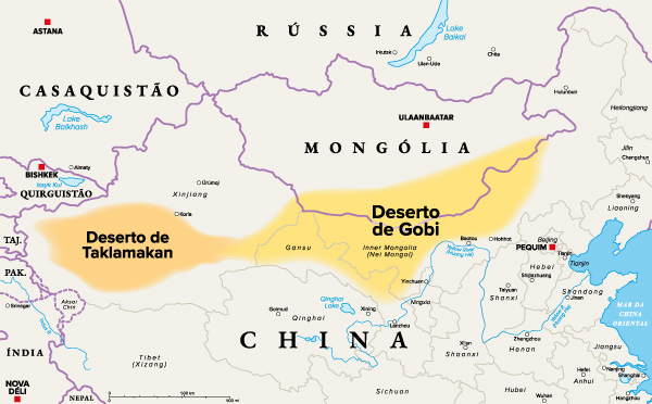 Mapa com localização do Deserto de Gobi.
