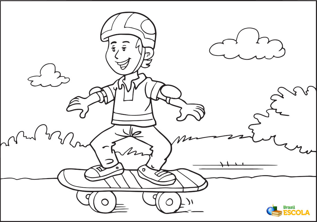 Desenho de um menino andando de skate para pintar