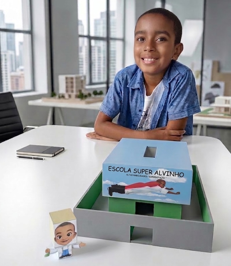 Alvinho sorrindo ao lado de maquete da Escola Super Alvinho