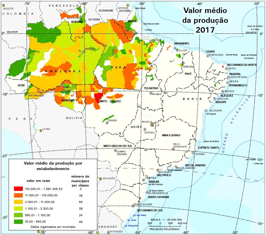 Mapa do valor médio da produção de castanha-do-pará por município no Brasil em 2017. Fonte: IBGE.