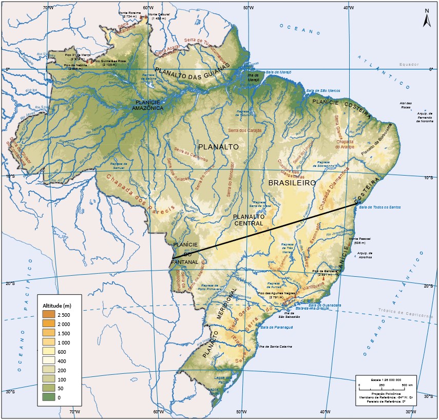 Mapa físico do Brasil com relevo representado por cores e rios indicados por linhas azuis. Fonte: IBGE.