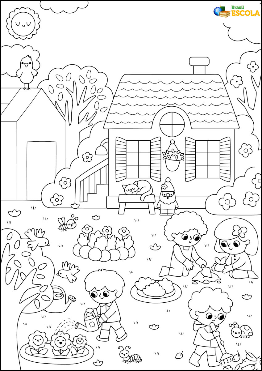 desenho de crianças plantando flores para pintar