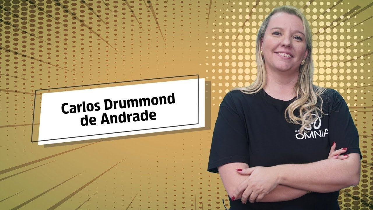 "Carlos Drummond de Andrade" escrito sobre fundo amarelo ao lado da imagem da professora