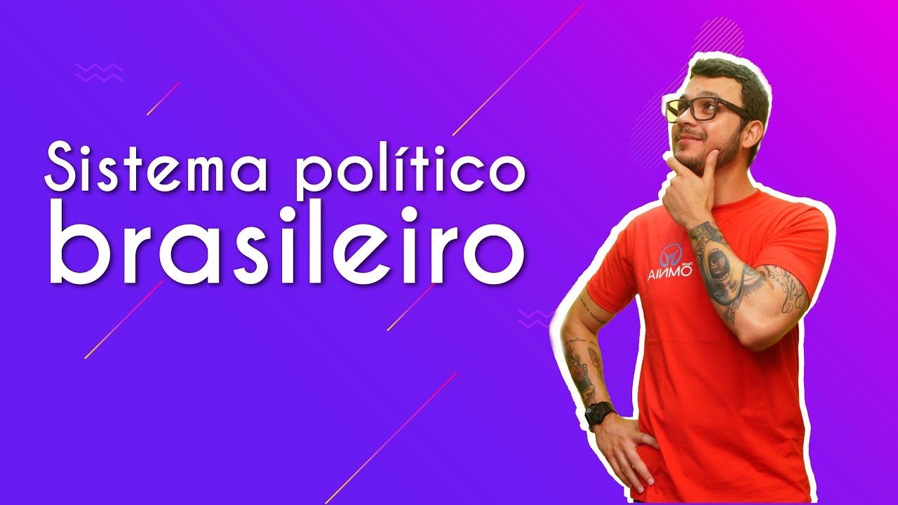 "Sistema político brasileiro" escrito sobre fundo roxo ao lado da imagem do professor
